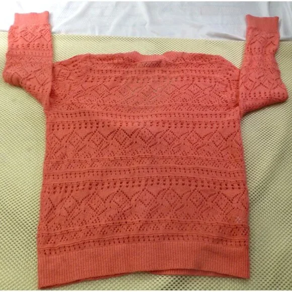 LOFT Coral Open-Work Knit V-neckline Crochet Cardigan Med - Picture 2 of 8